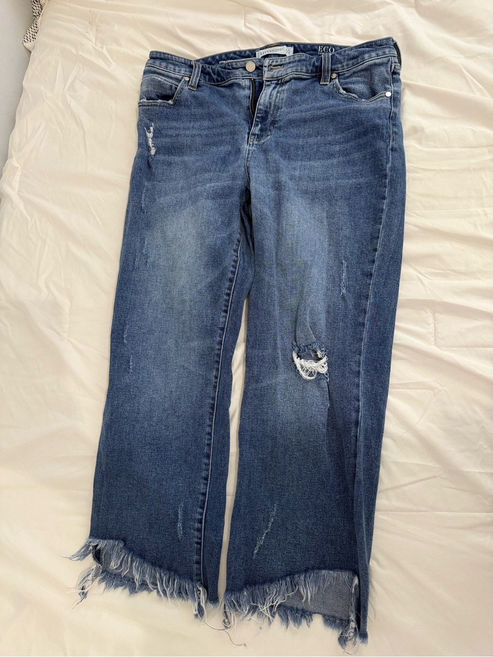 Liverpool Dark Blue Distressed Frayed-Hem Jeans